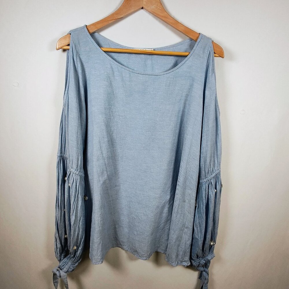 Luxe Moda Women's Medium Cold‎ Shoulder Embellishment Blue Jean Blouse